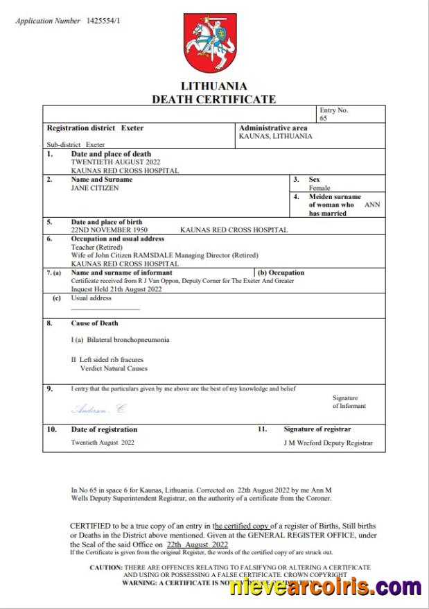 Lithuania vital record death certificate